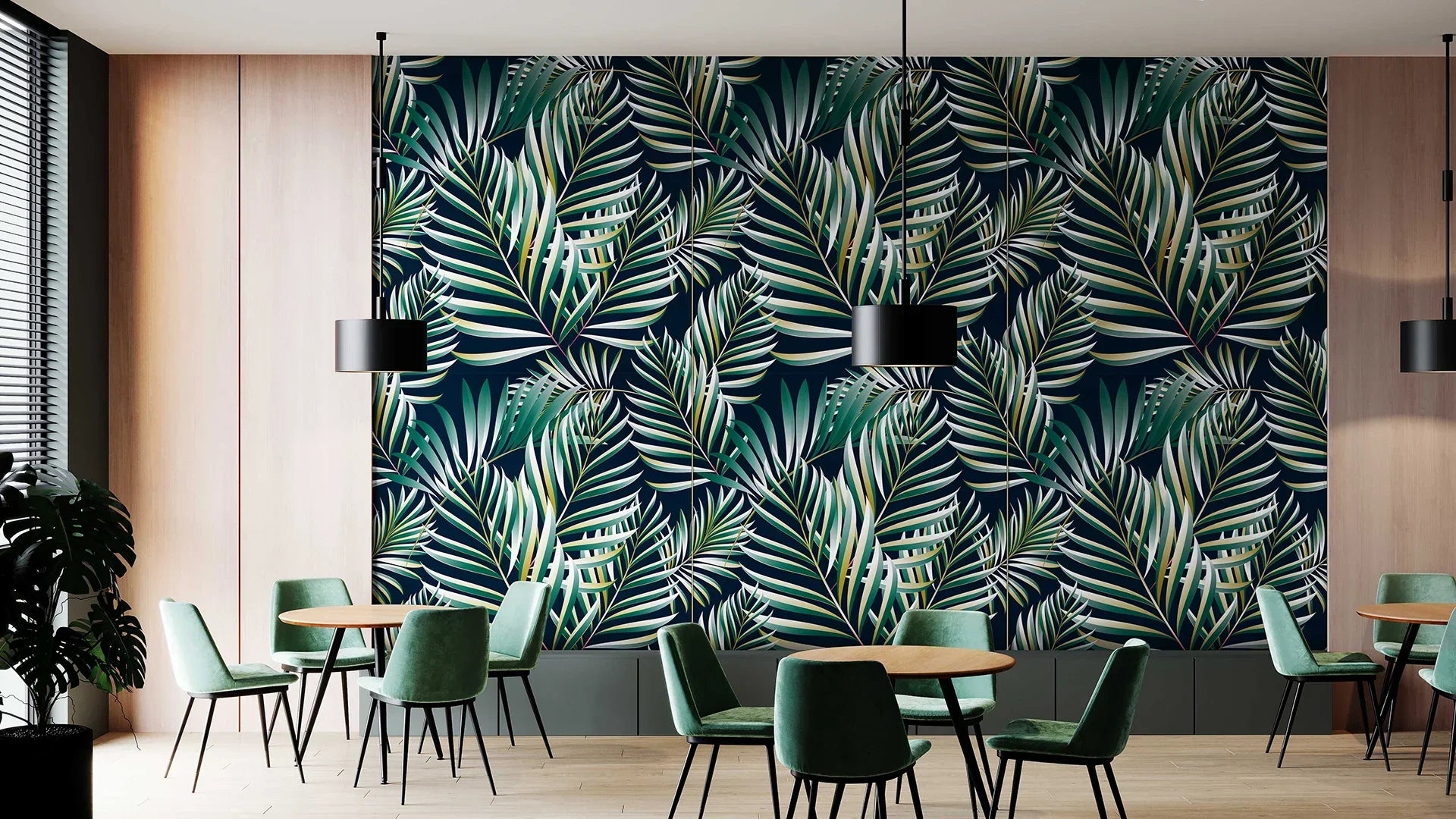 VMT acoustic wall panel with tropical pattern installed in a restaurant interior