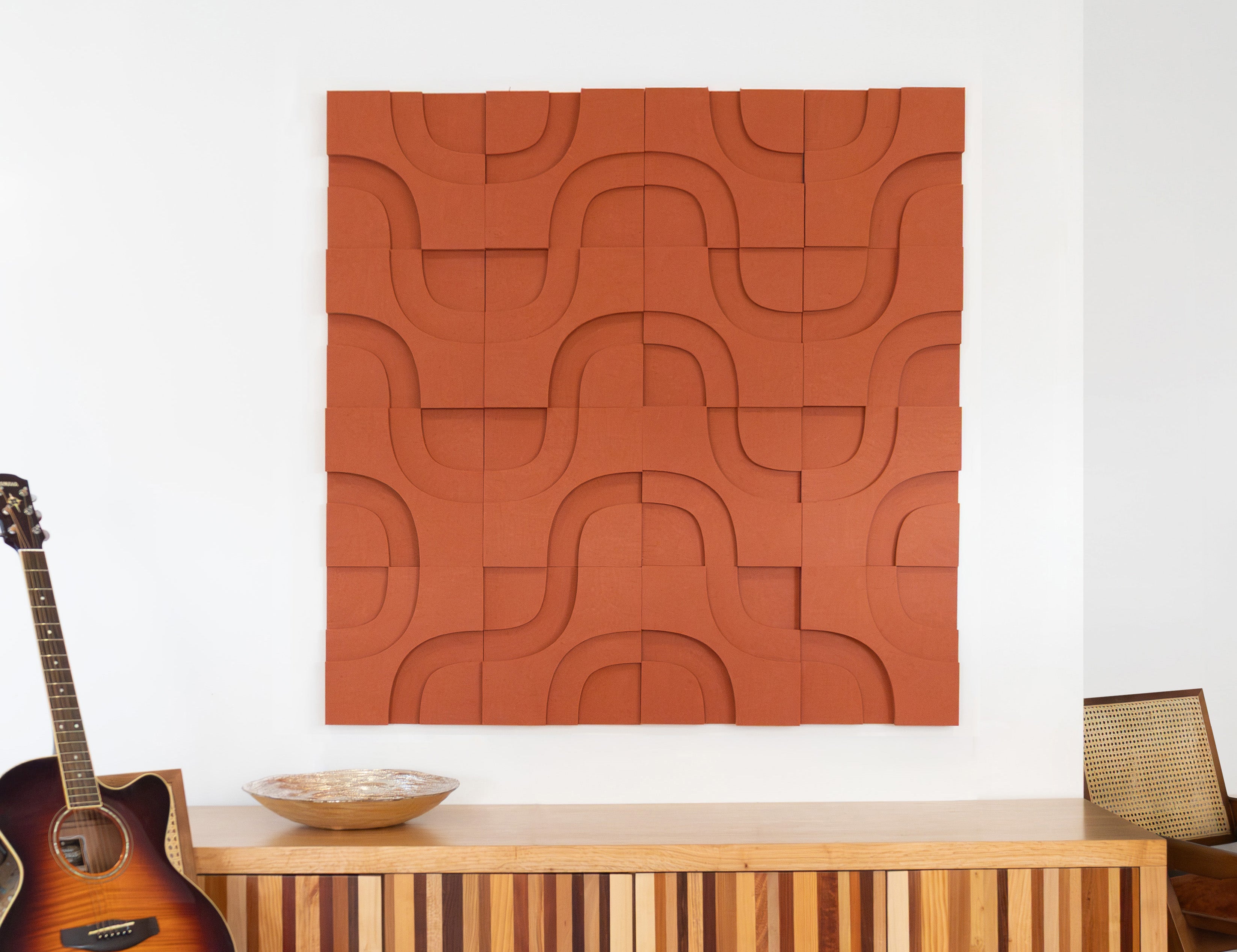 Vicoustic VicTiles 3D Acoustic Panels in Marmalade color in Living Room with Guitar