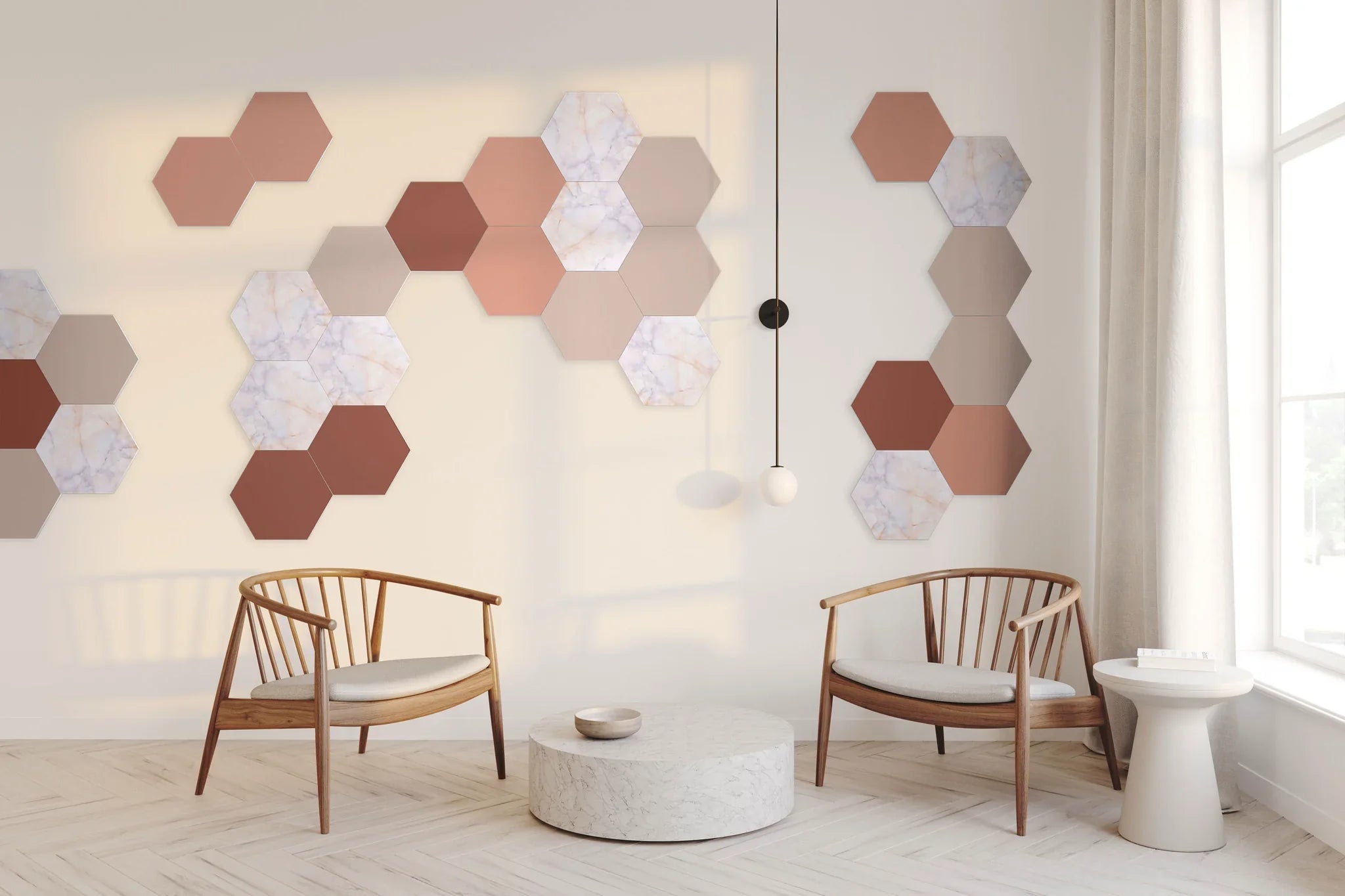 Hexagonal acoustic tile in Venice pattern installed on a living room wall