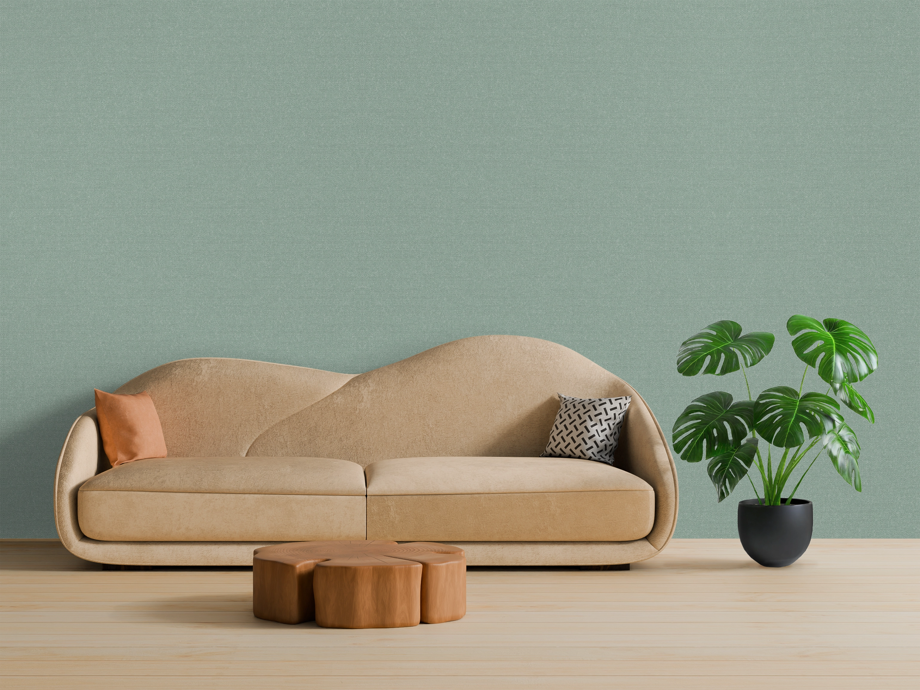 PET HD Brixton Mirage Living room with pearl sofa and plant