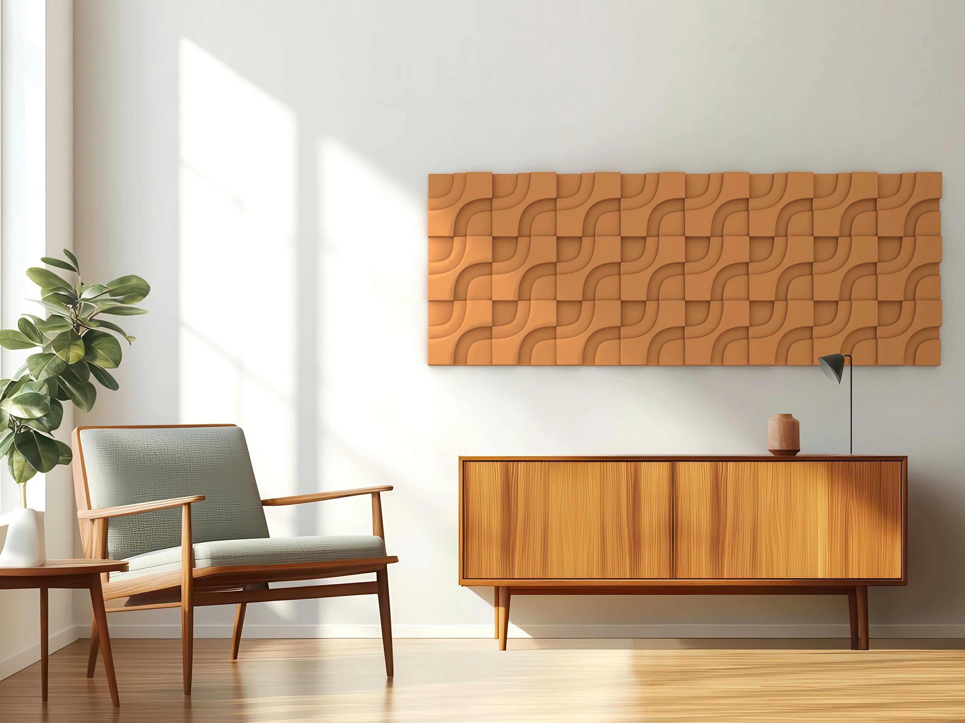 Serene Mid century living room VicTiles 3D MidMod Old Gold