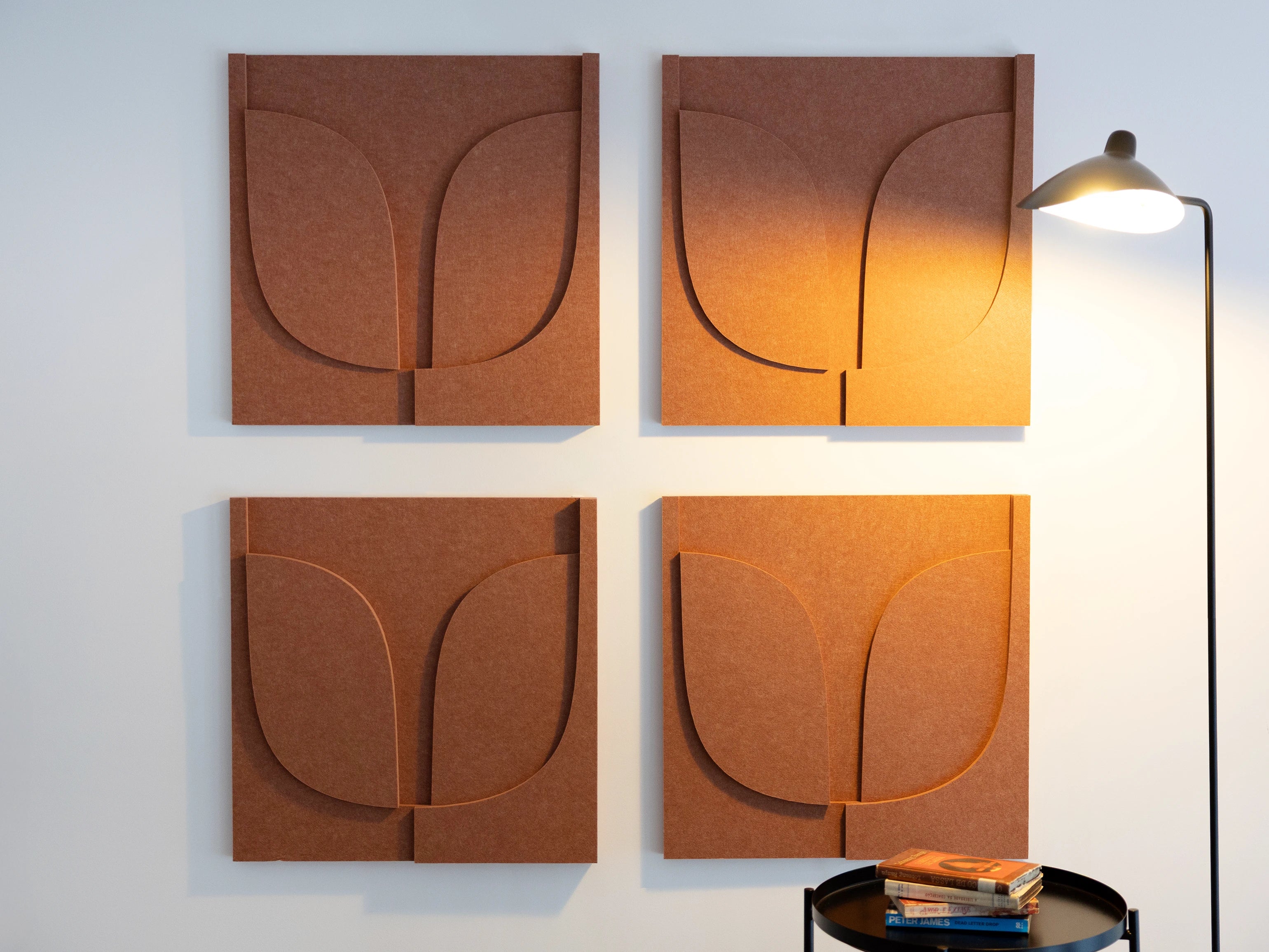 Vicoustic VicTiles 3D Brasilia XL Decorative Acoustic Panels in Coral Haze in Living Room with Lamp